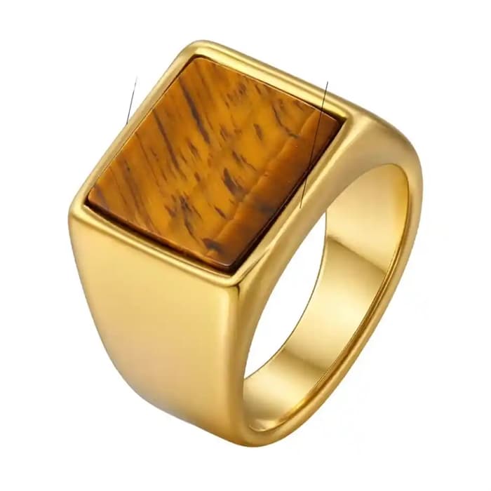 Tigerøje Herre Ring i Forgyldt Rustfrit Stål  -  Firkantet Signet Ring