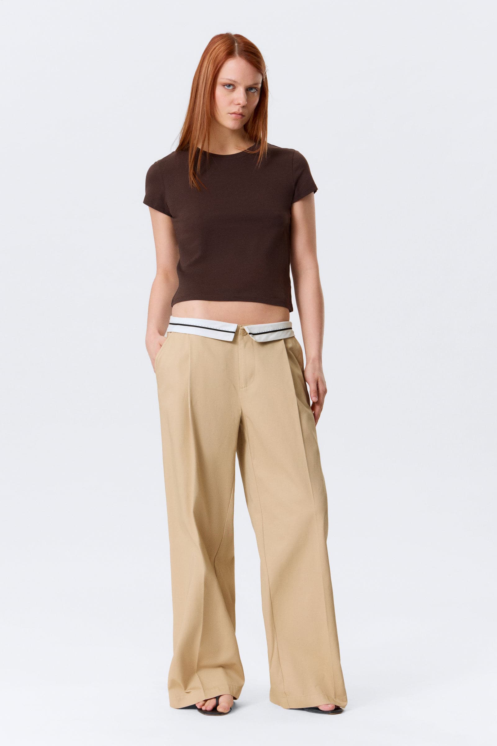 Low Rise Folded Waist Twill Trousers