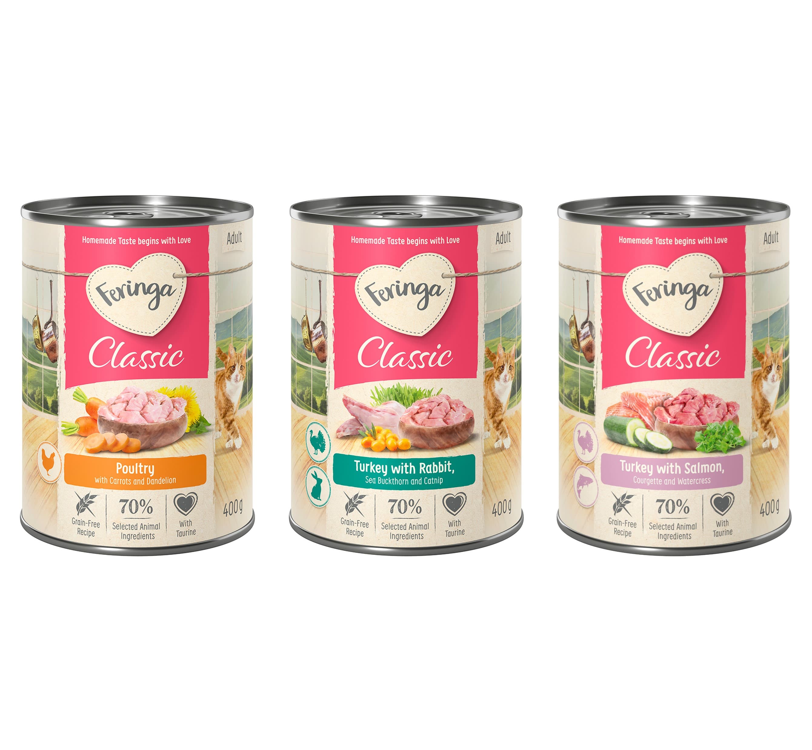Blandet prvepakke: 6 x 400 g Feringa Classic Meat Menu - Mix I: Kanin & Kalkun, Fjerkr, Laks & Kalkun