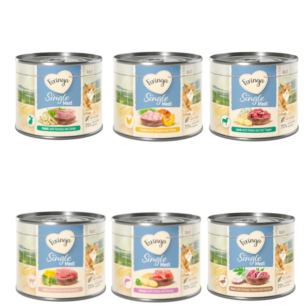 Feringa Single Meat Menu 6 x 200 g - Mix I: Kylling, Kanin, Lam, Kalv, And, Laks
