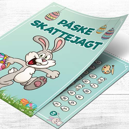 Påske skattejagt for børn 8-10 år med sjove opgaver, spor oversigt og diplom