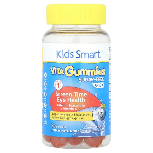 Kids Smart, Kids Smart® Vita vingummier, skærmtid, øjenhygiejne, sukkerfri, alder 3+, citruspunch, 30 vingummier