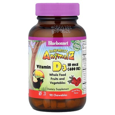 Bluebonnet Nutrition, Rainforest Animalz®, D3-vitamin, blandede bær, 90 tyggetabletter
