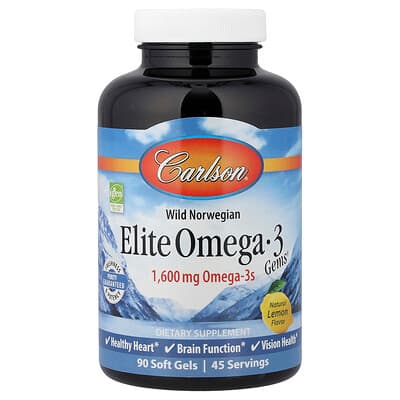 Carlson, Wild Norwegian, Elite Omega-3 Gems®, naturlig citron, 90 bløde geler