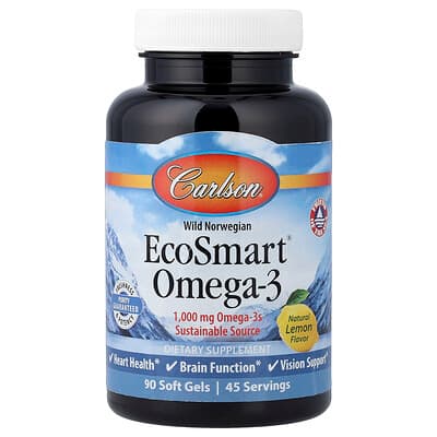 Carlson, Wild Norwegian EcoSmart® Omega-3, naturlig citron, 90 bløde geler