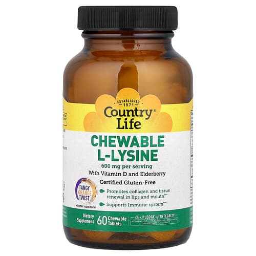 Country Life, Tyggetabletter L-lysin, syrlig appelsinsmag, 60 tyggetabletter