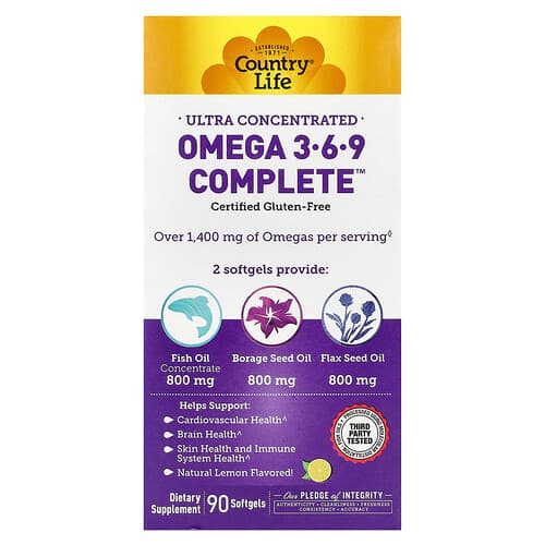 Country Life, Ultrakoncentreret Omega 3-6-9 Komplet, Naturlig Citron, 90 Softgels