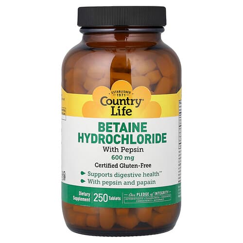 Country Life, Betainhydrochlorid med pepsin, 250 tabletter