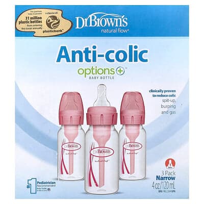 Dr. Brown's, Natural Flow®, Anti-kolik Options+™ sutteflaske, 0 måneder +, 3-pakning, 120 ml pr. stk.