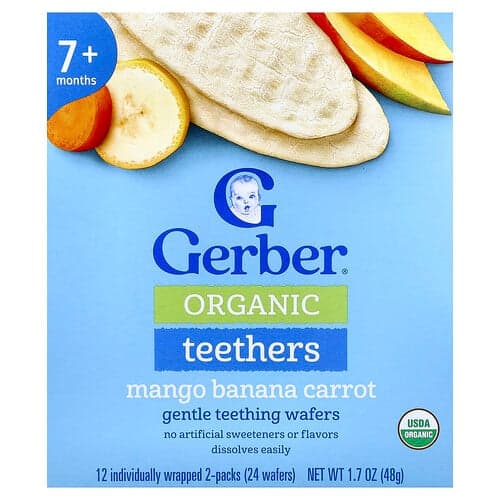 Gerber, Økologiske bideringe, skånsomme bideringskiver, 7+ måneder, mango-banan-gulerod, 12 individuelt indpakkede 2-pakninger, 0,14 oz (4 g) pr.