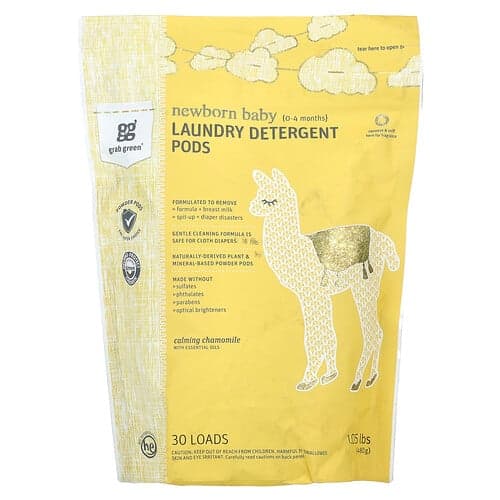 Grab Green, Vaskemiddelkapsler til nyfødte, 0-4 måneder, beroligende kamille med æteriske olier, 30 vaske, 480 g