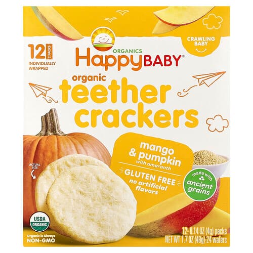 Happy Family Organics, Happy Baby®, økologiske bideringe-kiks, mango og græskar med amarant, 12 pakker, 0,14 oz (4 g) pr. stk.