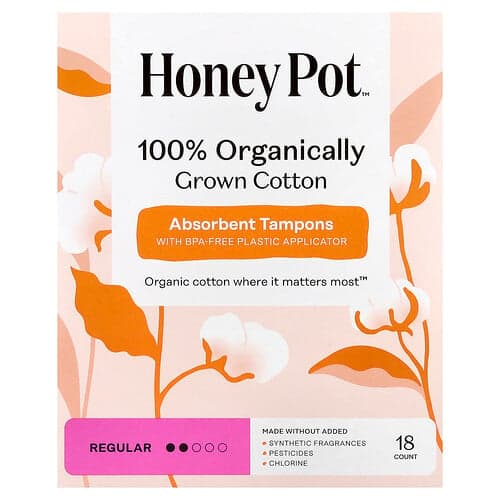 The Honey Pot Company, Absorberende tamponer af 100% økologisk dyrket bomuld, almindelige, 18 stk.