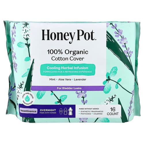 The Honey Pot Company, Økologisk kølende urteinfusion, bind med vinger, inkontinens natten over, 16 stk.