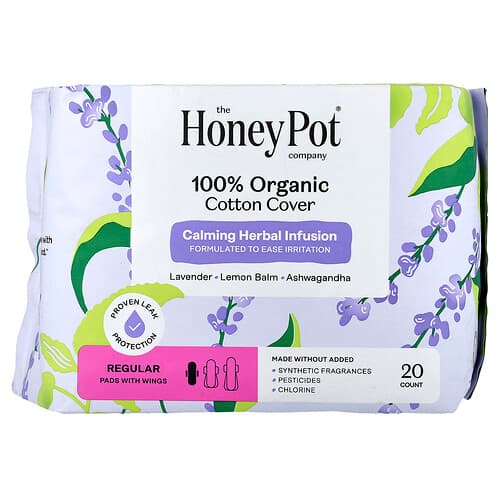 The Honey Pot Company, Økologisk beroligende urteinfusion, puder med vinger, almindelig, 20 stk.