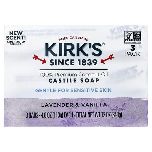Kirk's, 100% premium kokosolie Castile sæbestykke, lavendel og vanilje, 3 barer, 113 g pr. stk.