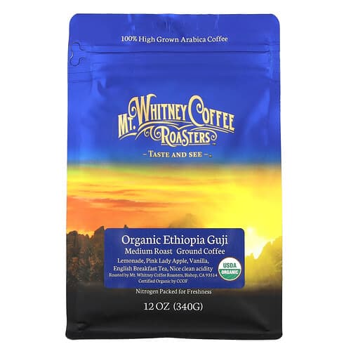 Mt. Whitney Coffee Roasters, Økologisk Ethiopia Guji, malet kaffe, mellemristet, 12 oz (340 g)