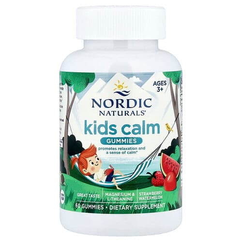 Nordic Naturals, Kids Calm vingummier, fra 3 år, jordbær og vandmelon, 60 vingummier