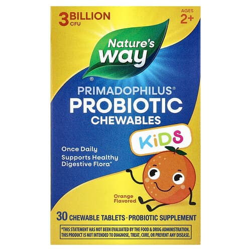 Nature's Way, Primadophilus®, probiotisk tyggetablet til børn, fra 2 år, appelsin, 3 milliarder CFU, 30 tyggetabletter