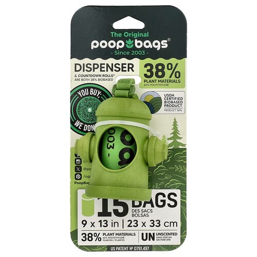 Original Poop Bags, Posedispenser + poser, grøn, uparfumeret, 1 dispenser, 15 poser
