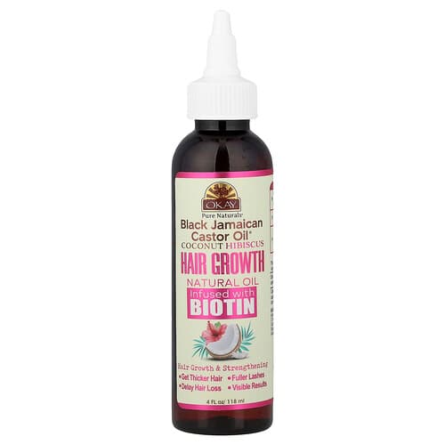 Okay Pure Naturals, Sort jamaicansk ricinusolie®, kokoshibiscus hårvækst naturlig olie tilsat biotin, 118 ml