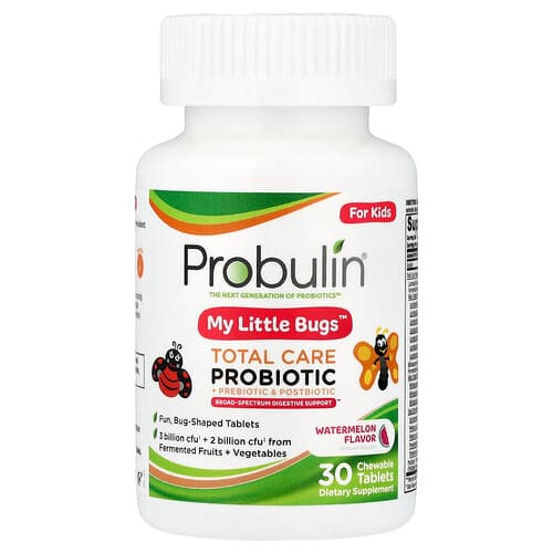 Probulin, Til børn, My Little Bugs™, Total Care Probiotic + Prebiotic & Postbiotic, Vandmelon, 30 tyggetabletter