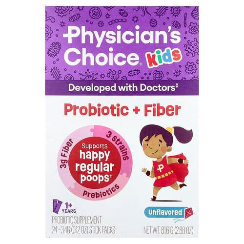 Physician's Choice, Børneprobiotika + fibre, 1+ år, uden smag, 24 stickpakker, 0,12 oz (3,4 g) pr. stk.