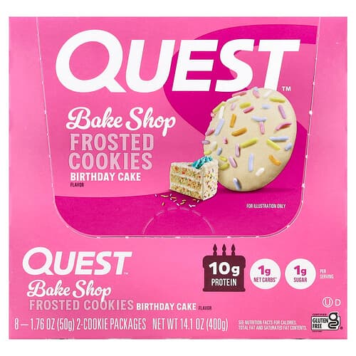 Quest Nutrition, Bake Shop Frosted Cookies, fødselsdagskage, 8 pakker, 50 g pr. stk.