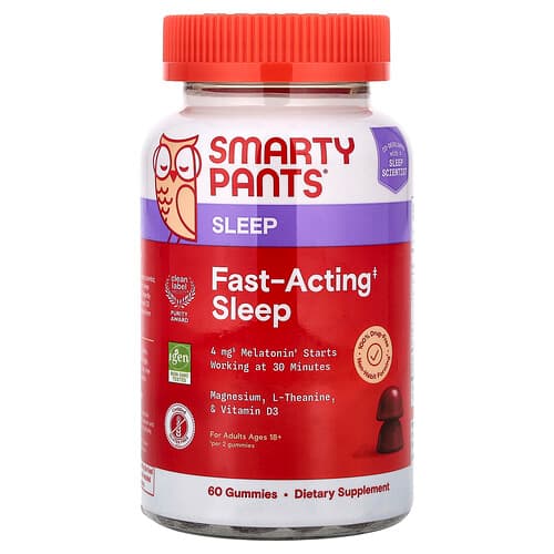 SmartyPants, Sleep, Fast-Acting Sleep Gummies, hurtigvirkende søvn-vingummier, til voksne over 18 år, blåbær og brombær, 60 vingummier