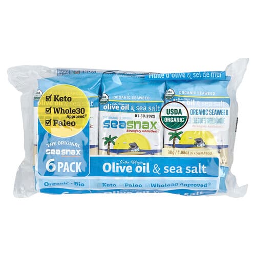 SeaSnax, Økologisk tang, ekstra jomfruolivenolie og havsalt, 6-pakning, 0,18 oz (5 g) pr. stk.