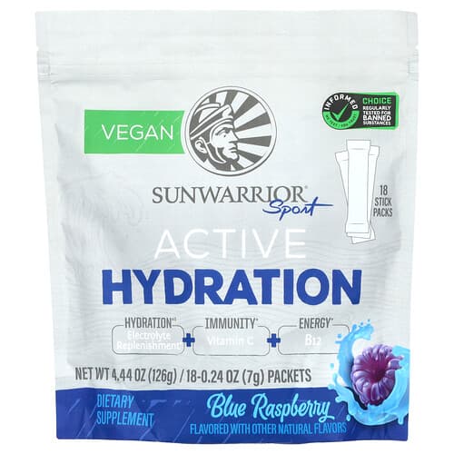 Sunwarrior, Sport, Aktiv Hydrering, Blå Hindbær, 18 pakker, 0,24 oz (7 g) pr. stk.