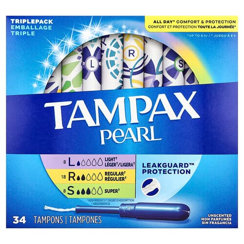 Tampax, Pearl Tamponer, Triple Pack, Light/Normal/Super, Uparfumeret, 34 Tamponer