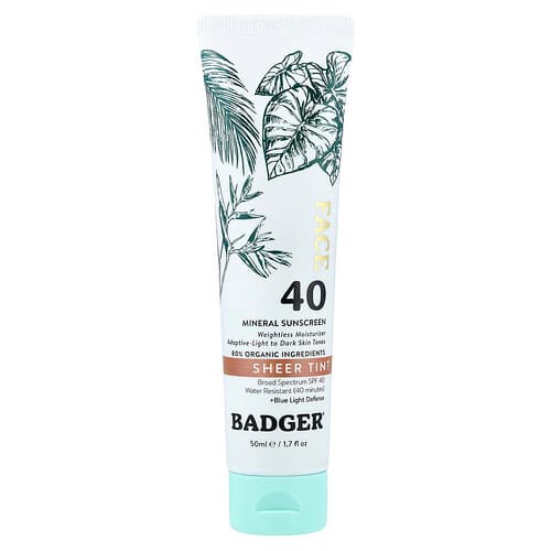 Badger, Ansigt, Mineral solcreme, SPF 40, Transparent farve, 50 ml