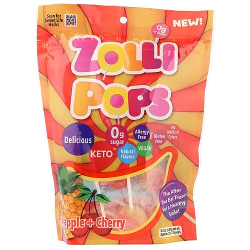 Zollipops, The Clean Teeth Pops, kirsebær + ananas, ca. 23-25 pops, 147 g