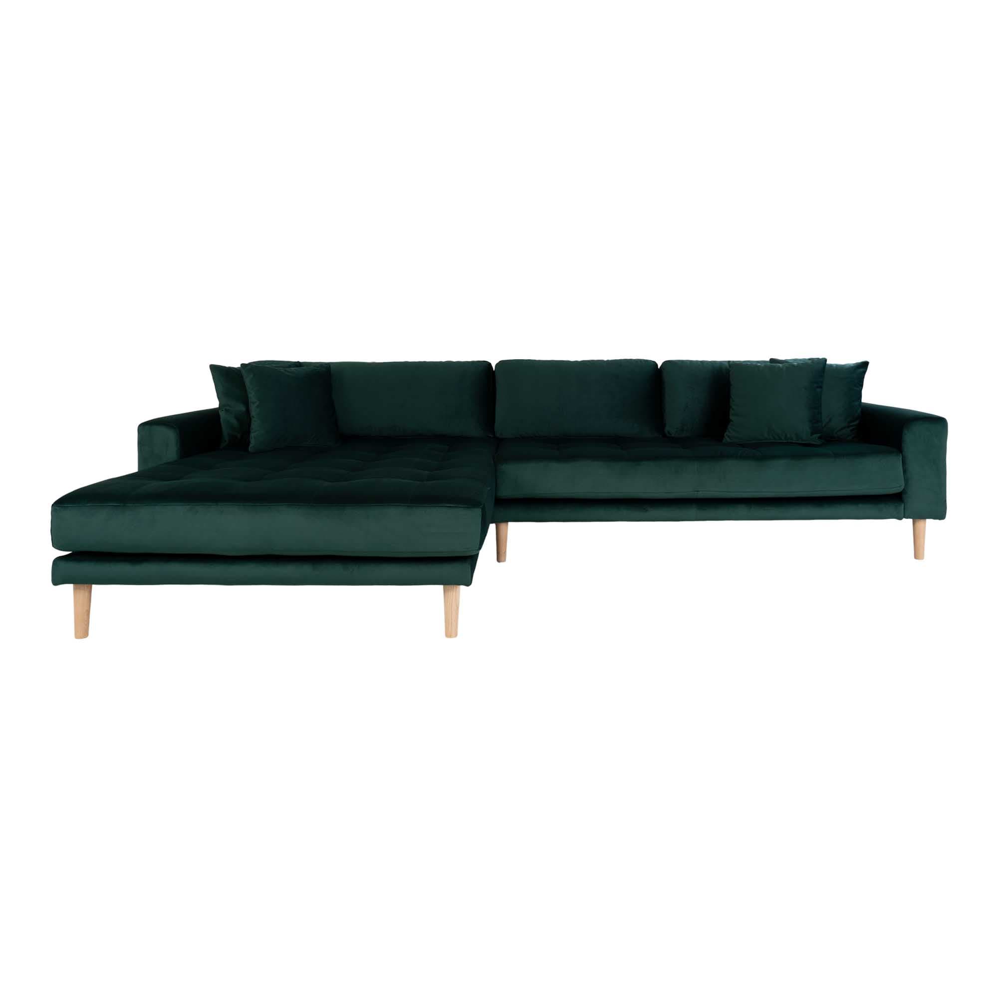 Lido chaiselong sofa venstrevendt velour inkl. 4 pyntepuder, grøn