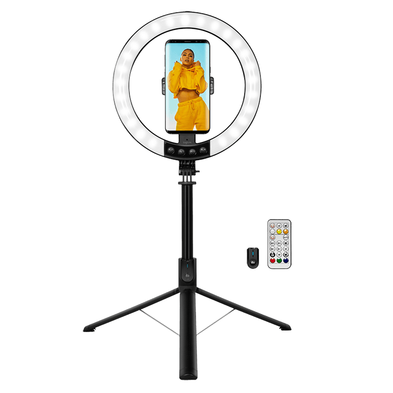 Smartphone ring light with selfie stick tripod, remote shutter, Ø 25 cm