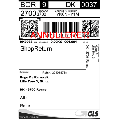 Returlabel GLS - Kun til returneringer af varer købt på Hugo-p.dk QR-kode (kræver at du kan vise QR-koden i pakkeshoppen)