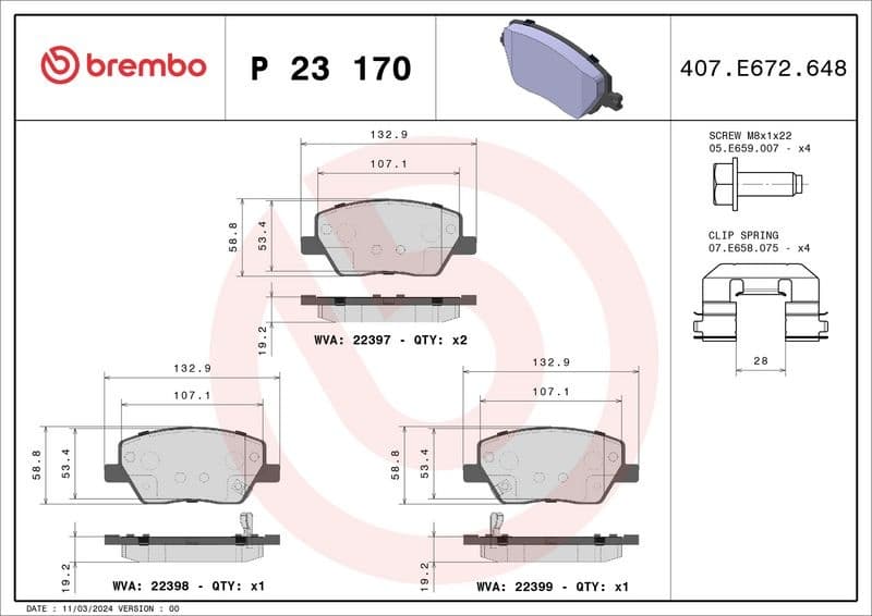 Brake Pad Set disc brake P23170 Brembo