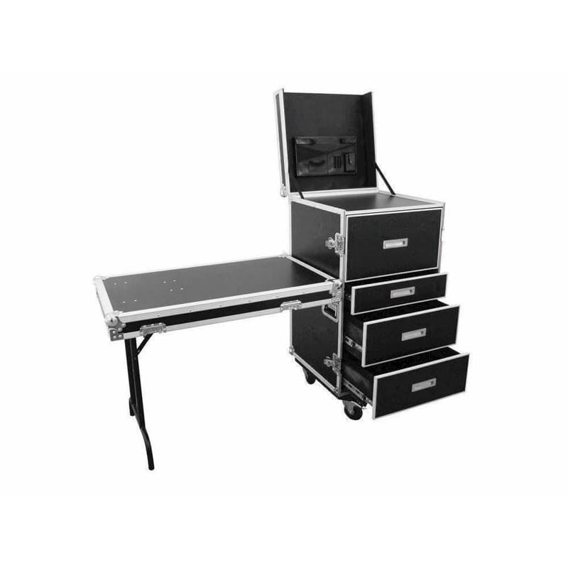 Flightcase på hjul med 4 skuffer. Med sidebord. 59 x 66 x 115,5 cm.