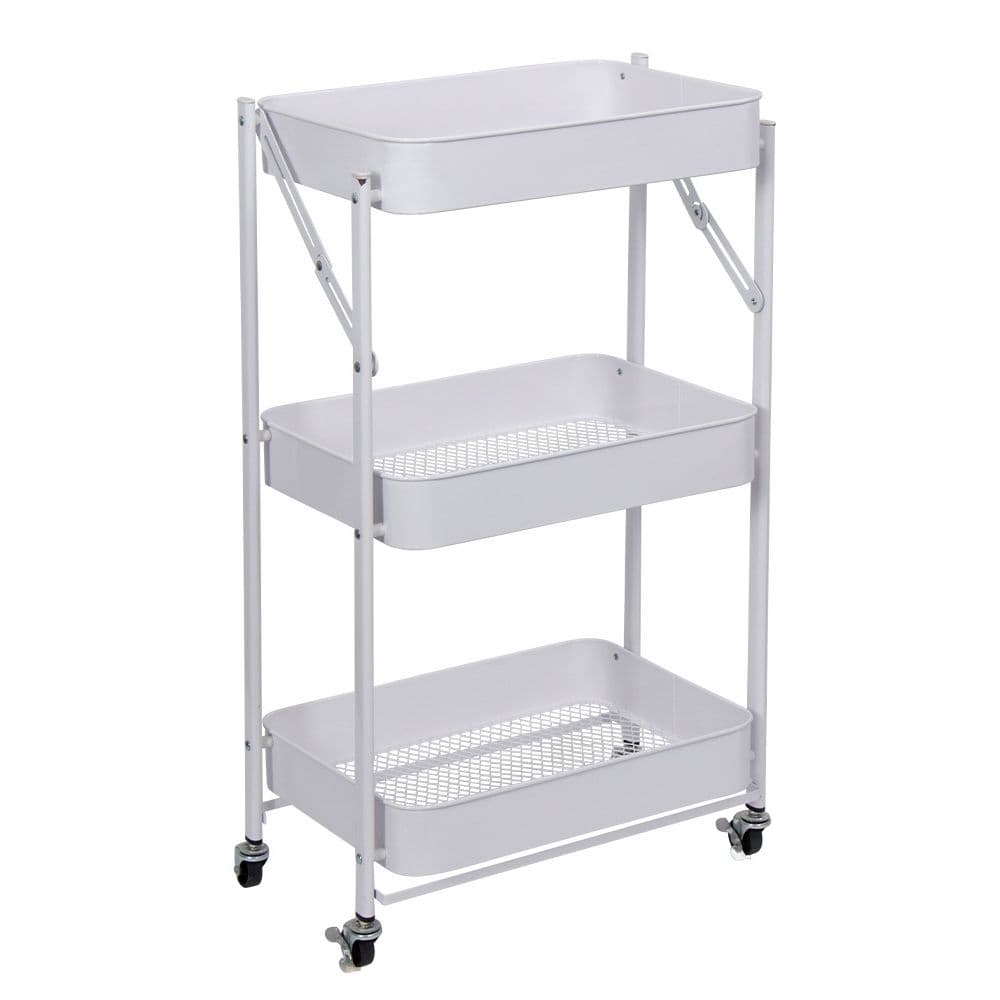 Rullevogn på hjul med 3 kurve - 78x45x30 cm - Hvid metalvogn - Nem opbevaring