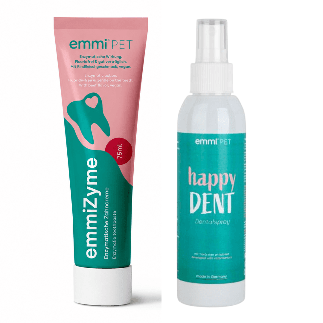emmi®-pet Mundplejesæt til hunde og katte – emmiZyme Tandplejegel 75 ml + HappyDENT Mundspray 150 ml