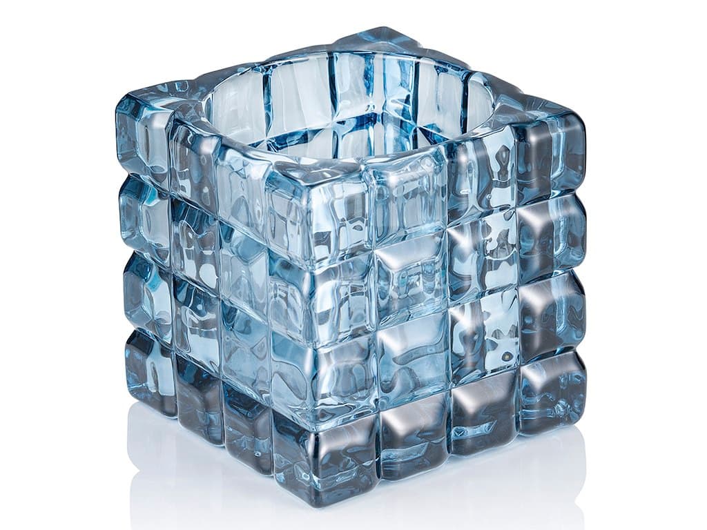 Lysestage 9x9x9 cm Glas Cube Lys Blå