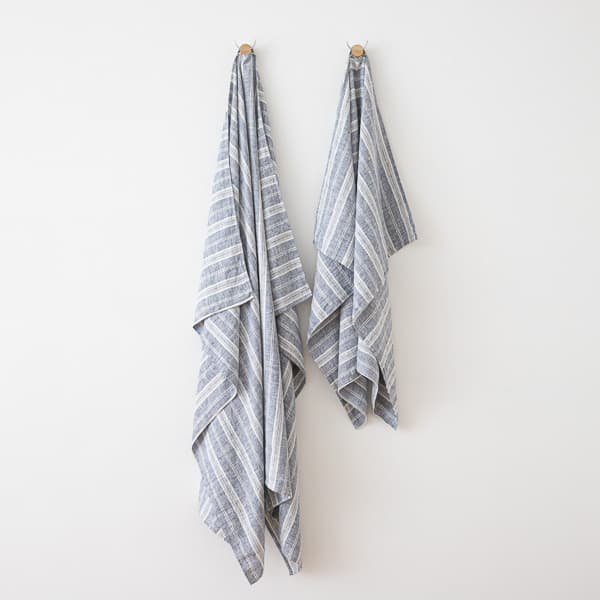 Strandhåndklæde i hør, indigo, Multistripe