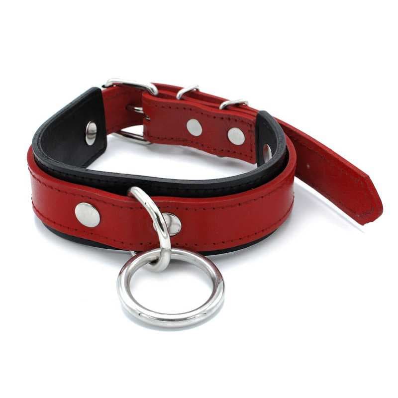 Black & Red læder halsbånd med stor O-Ring