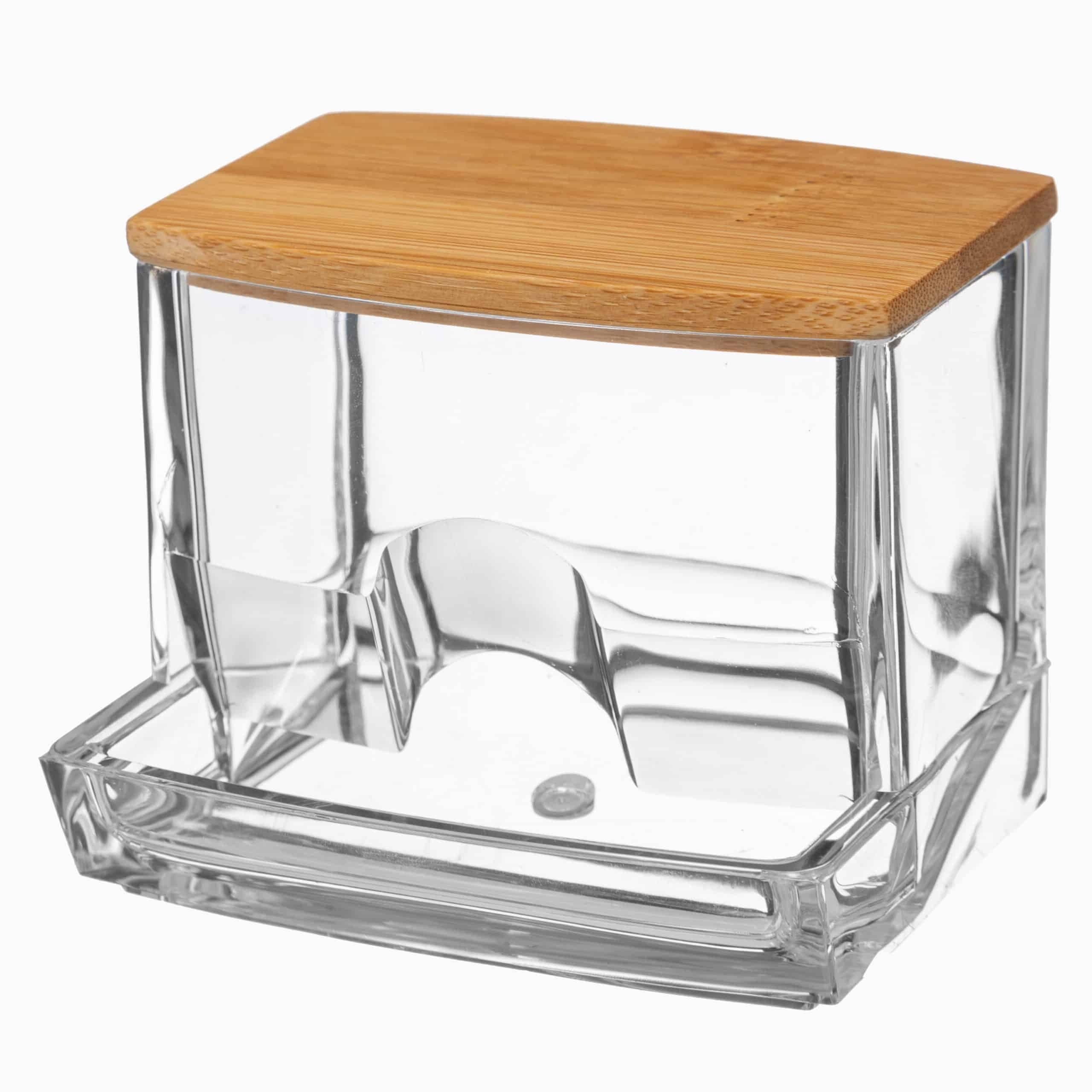 Opbevaring til vatpinde med bambuslåg - Transparent - 9,3cm x 8cm x 7,4cm - Adeline