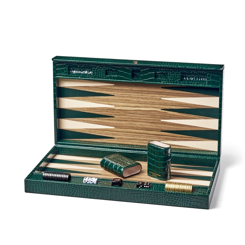 Aspinal of London 17-Zoll-Backgammon-Set in Evergreen Patent Croc