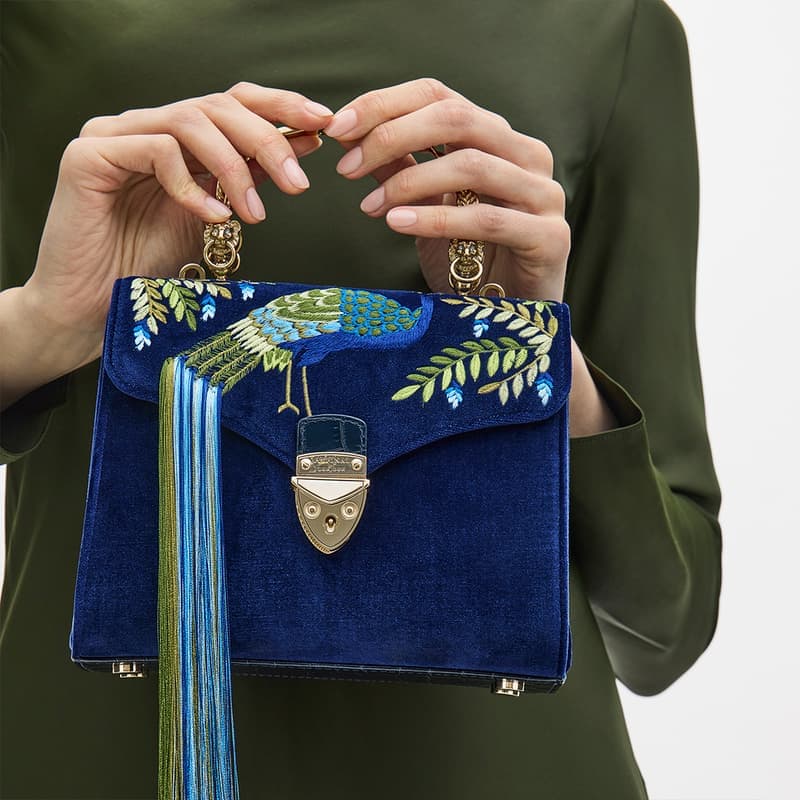 Aspinal of London Mayfair Midi Navy Blue and Green Velvet Leather Peac