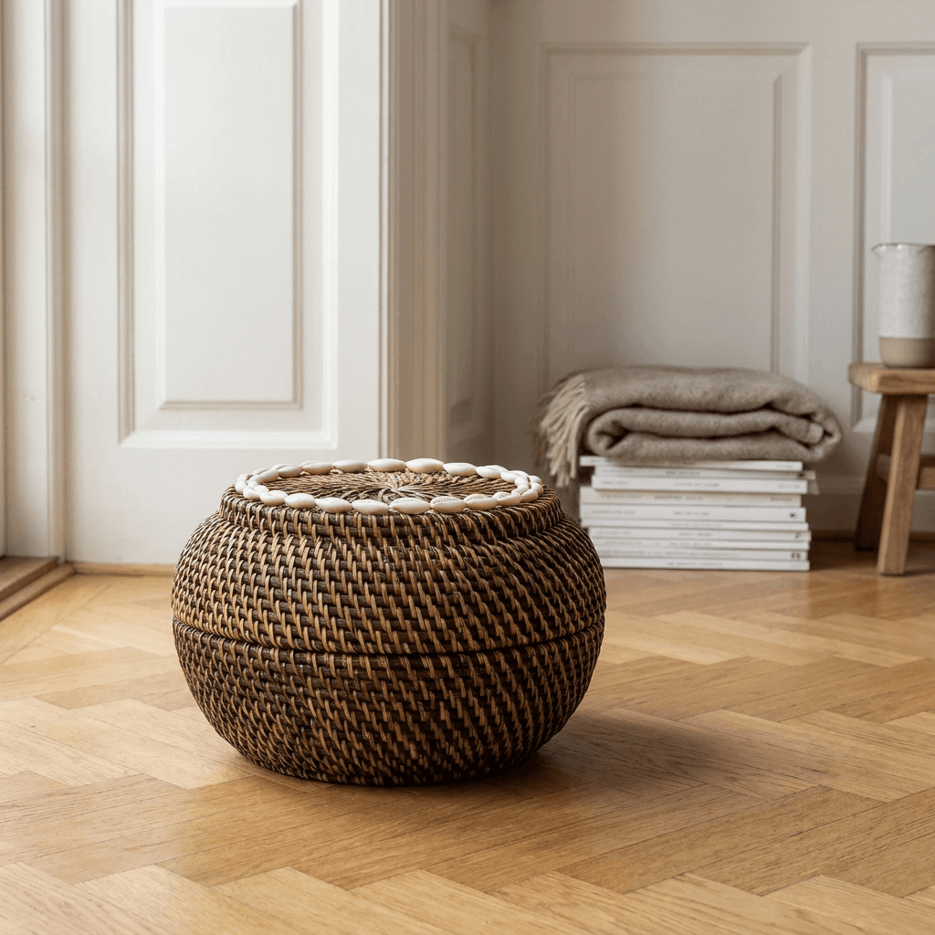 Zola kurv i rattan flet (M) - Naturlig brun med konkyliepynt - 27×27×18 cm