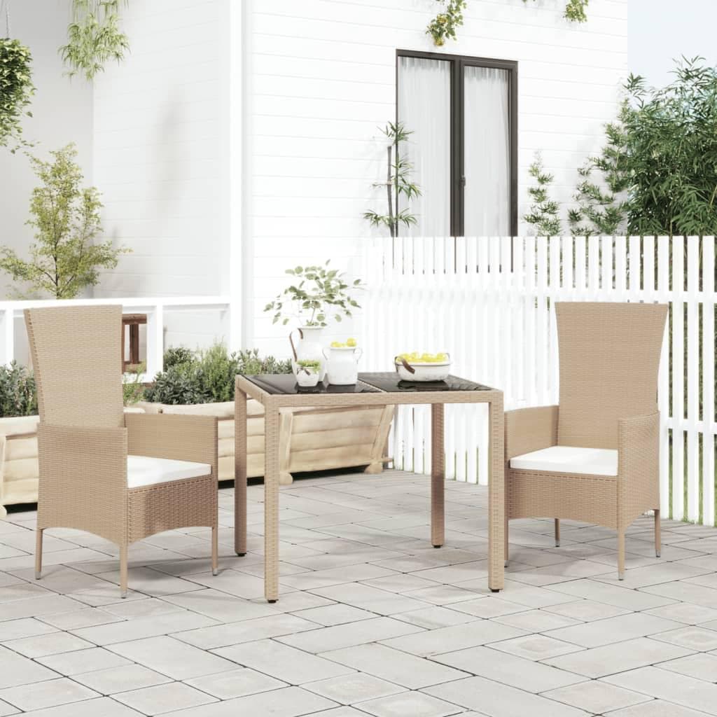 Havebord med glasbordplade i polyrattan - beige, 90 × 90 cm