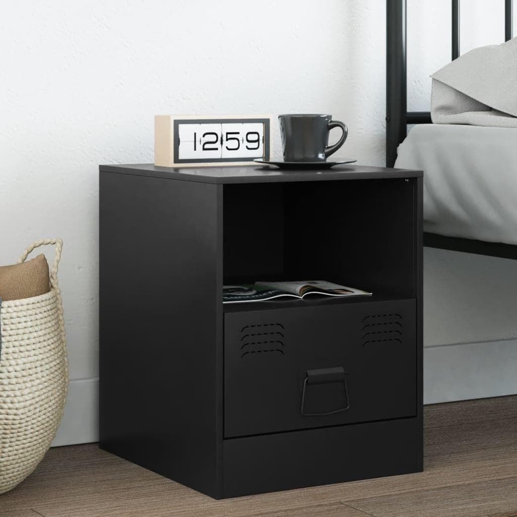 Sengebord i stål 34,5 × 39 × 44 cm - sort med hylde og skuffe